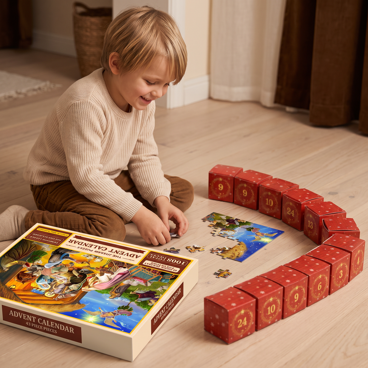 Julpussel Adventskalender med Julmotiv – 1008 Delar, 24-Dagars Nedräkning