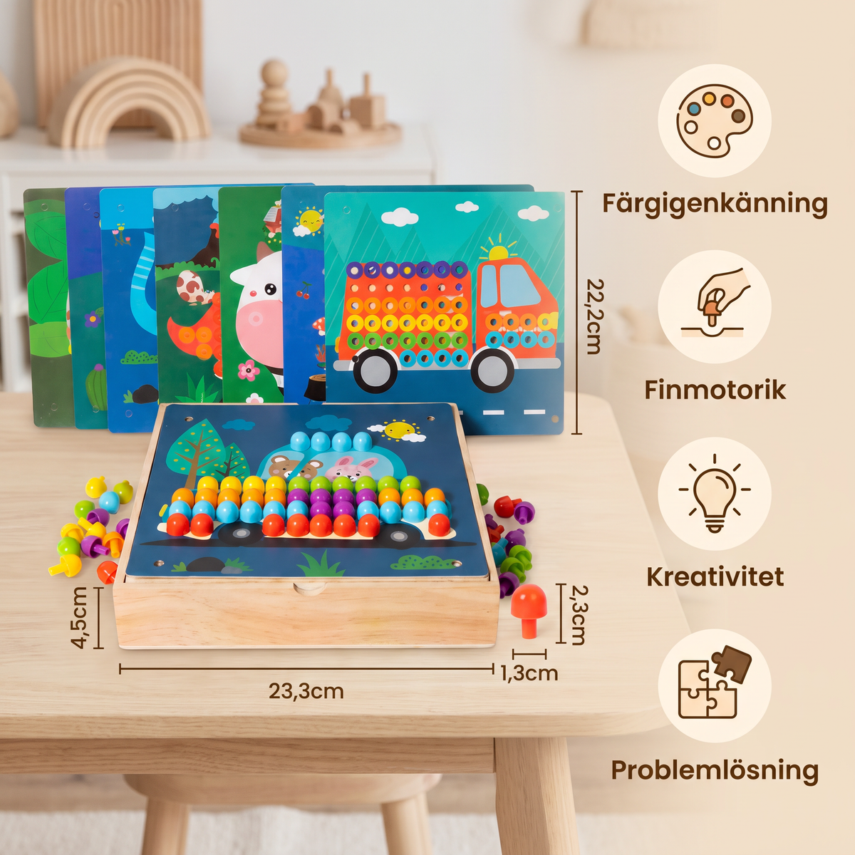 4-i-1 Montessori Sensorisk Reseaktivitetstavla i Trä med Kugghjul och Färgglada Pluggar