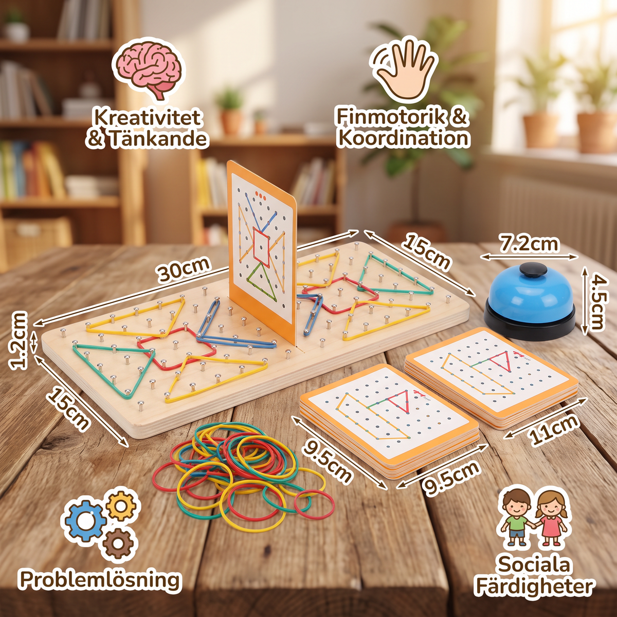 Montessori Geometriskt Duelspel i Trä med Färgglada Gummiband