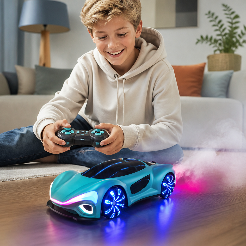 Lysande RC-driftbil med sprejeffekt och laddstation