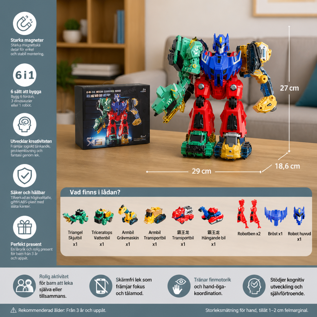 6-i-1 Magnetisk Förvandlingsleksak – Bygg 6 Fordon, 3 Dinosaurier och 1 Robot