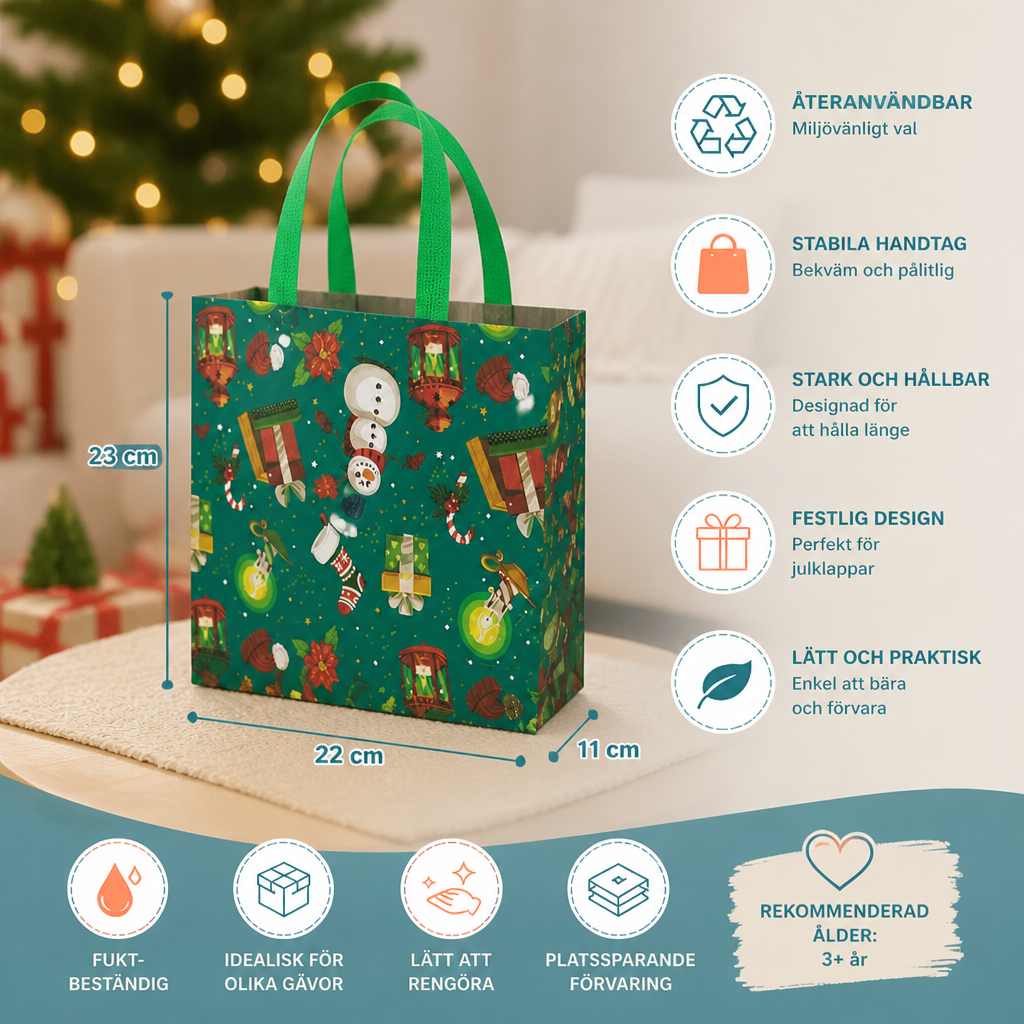 Återanvändbara Julklappspåsar Med Handtag – Olika Festliga Mönster