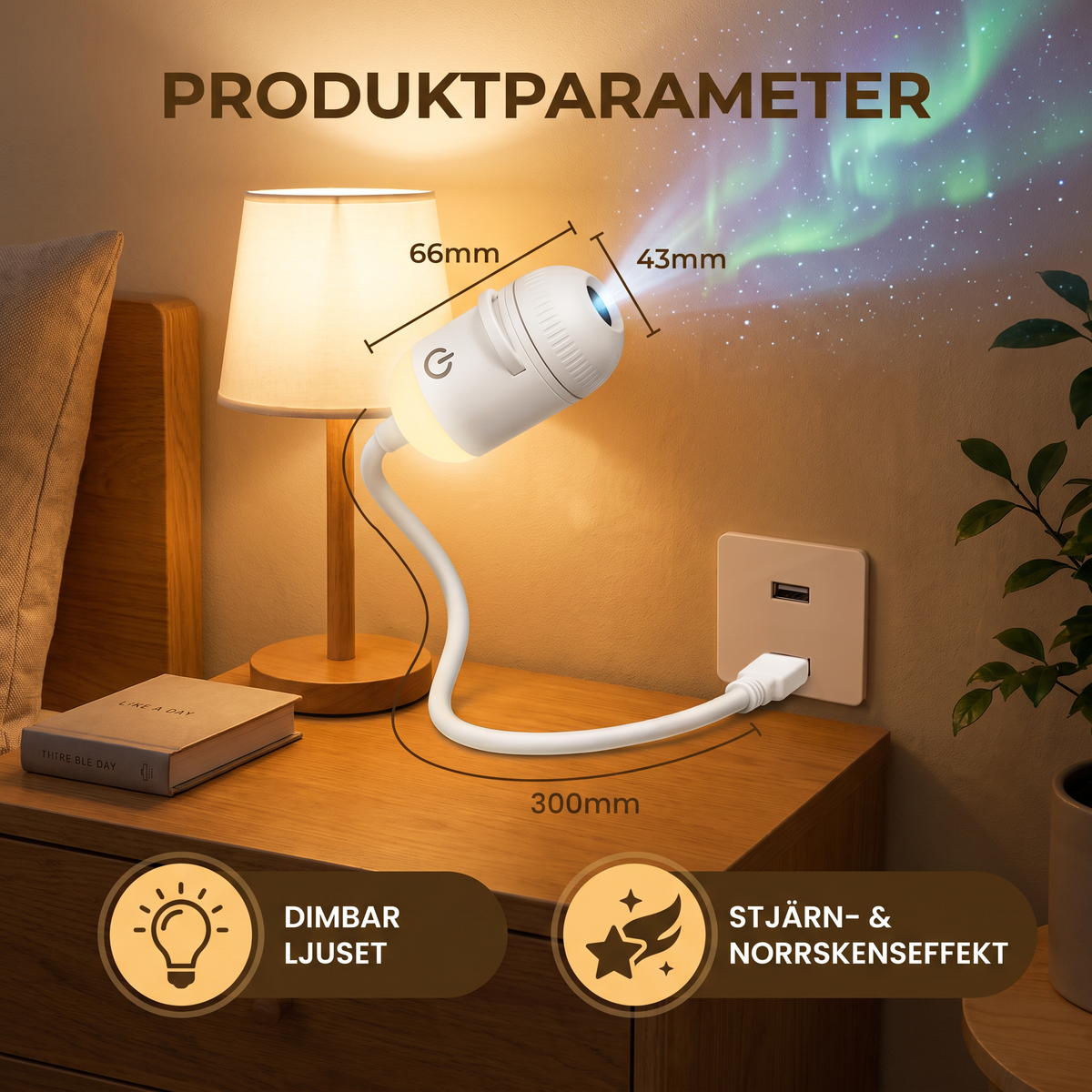 NightSky dimbar USB-galaxiprojektor med stjärn- och norrskenseffekter