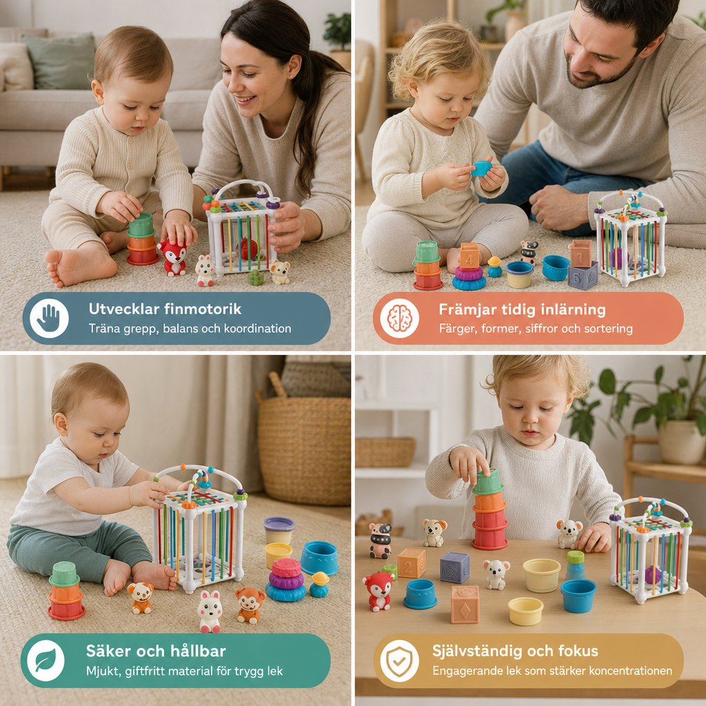5-i-1 Montessori Sensoriskt Lekset för Bebisar i Mjukt Gummi med Staplings- och Sorteringsleksaker – 26 Delar