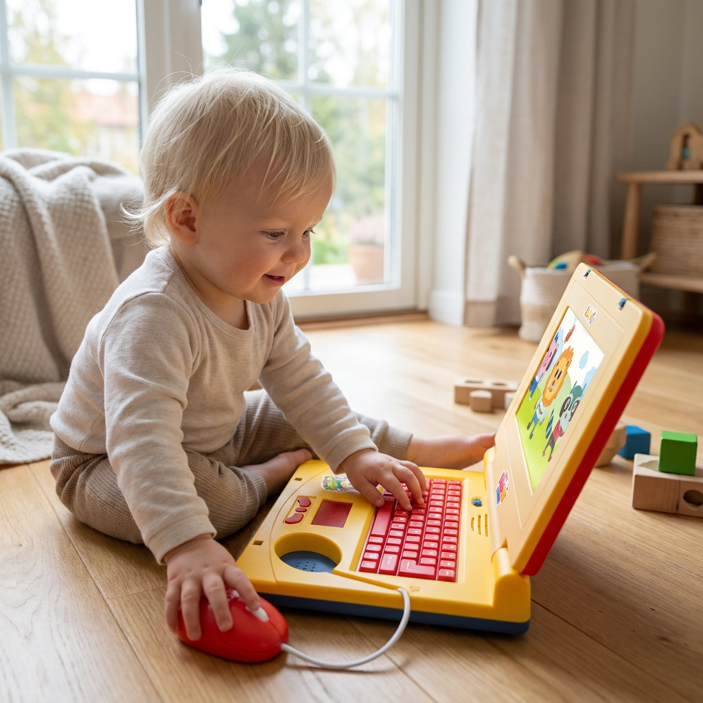 Interaktiv laptop för barn med ljus, musik och rullande skärm