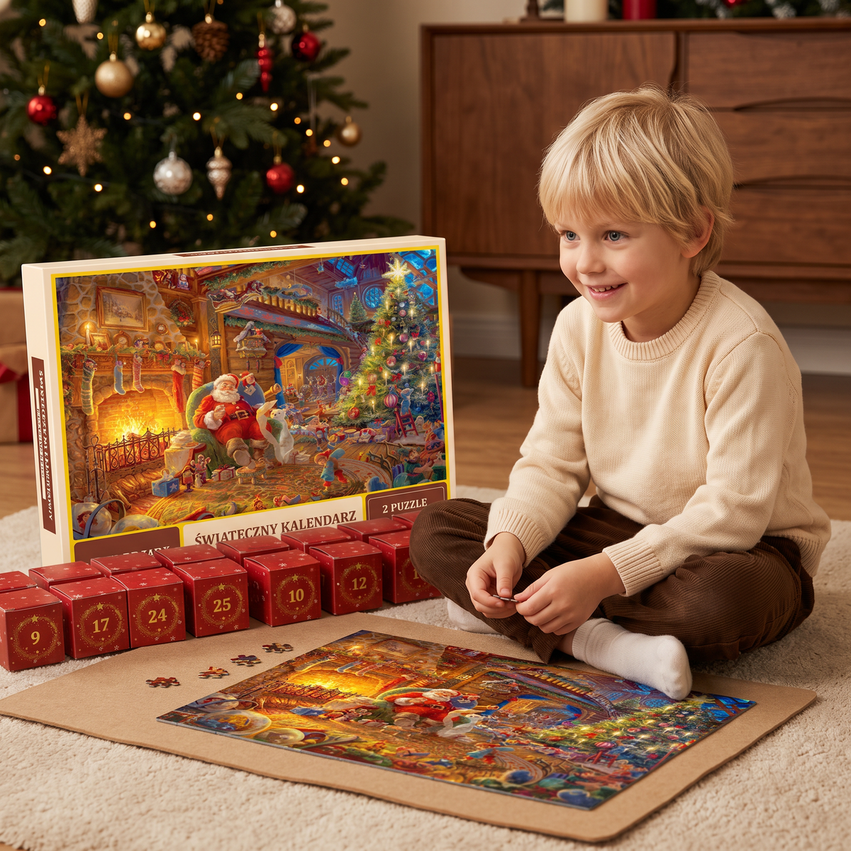 Julpussel Adventskalender med Julmotiv – 1008 Delar, 24-Dagars Nedräkning