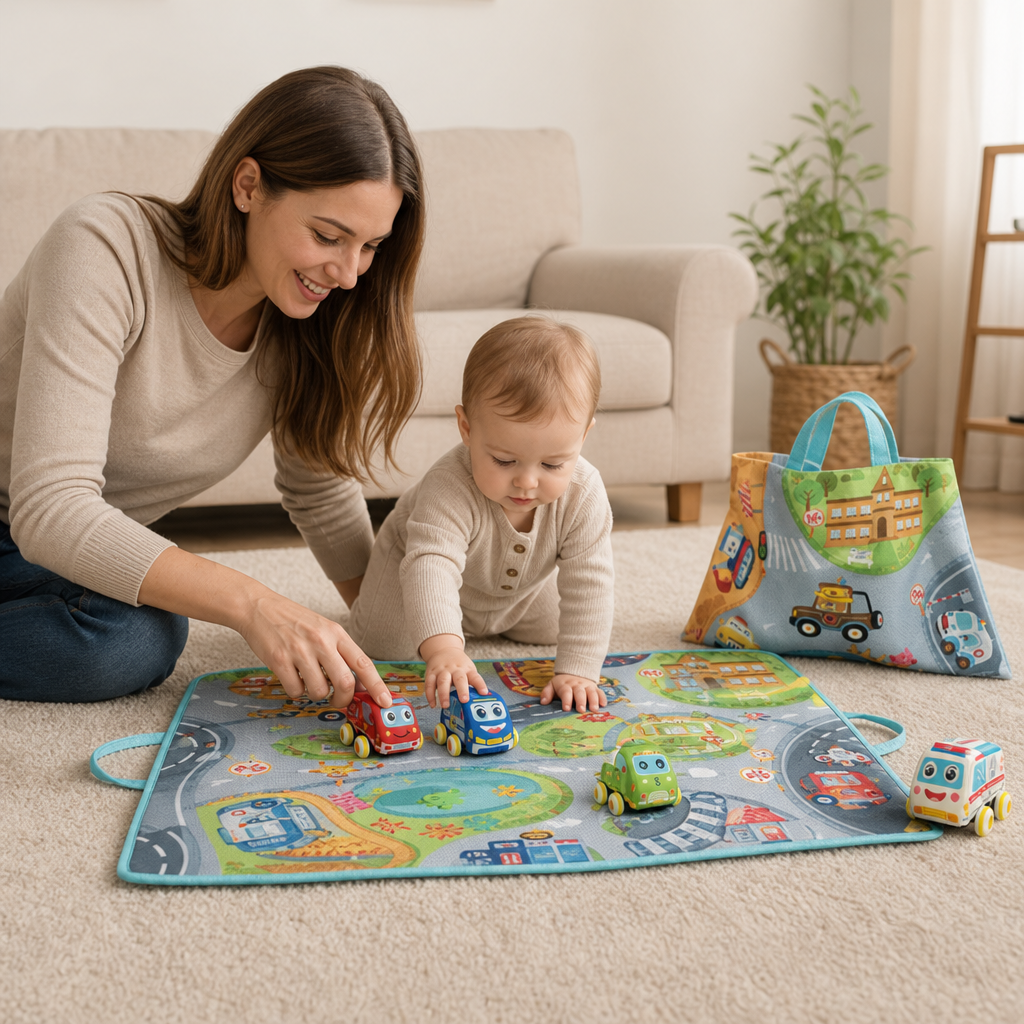 Mjukt Set med Pull-back-bilar i Plysch med 2-i-1 Leksaksmatta och Förvaringsväska