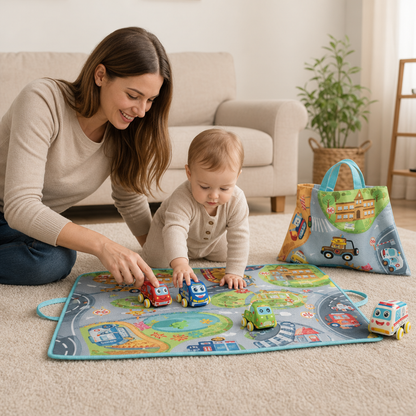 Mjukt Set med Pull-back-bilar i Plysch med 2-i-1 Leksaksmatta och Förvaringsväska