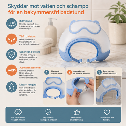Justerbar schamposkärm för bebisar med 360° skydd för ögon och öron mot vatten och schampo