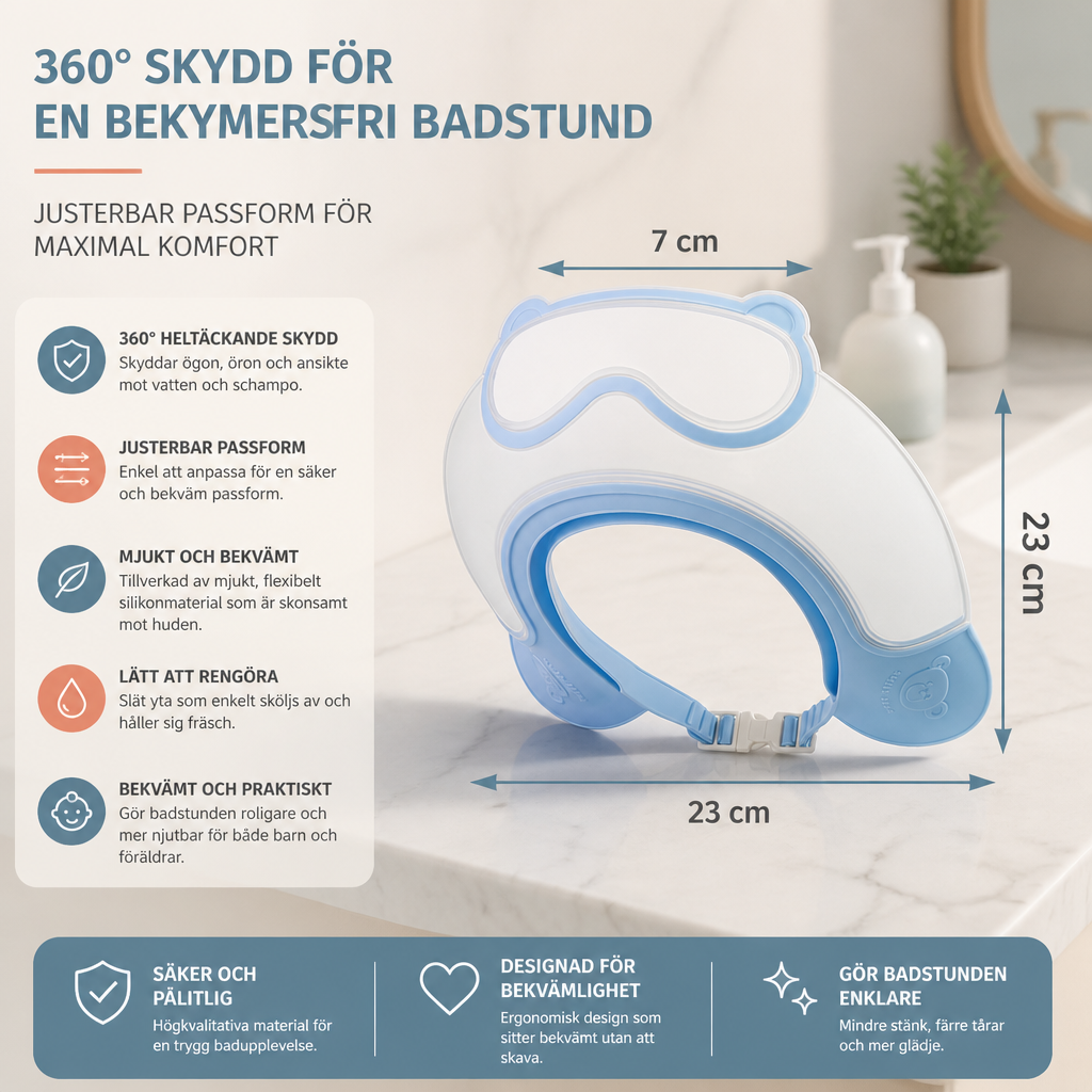 Justerbar schamposkärm för bebisar med 360° skydd för ögon och öron mot vatten och schampo