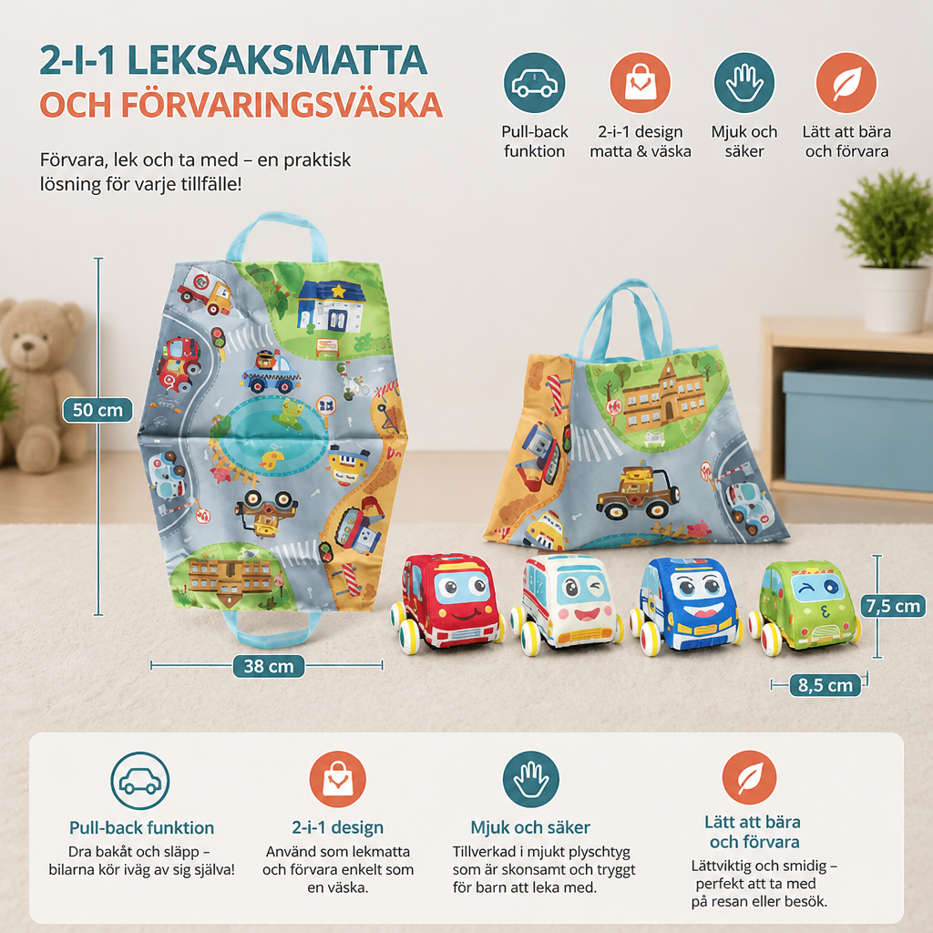 Mjukt Set med Pull-back-bilar i Plysch med 2-i-1 Leksaksmatta och Förvaringsväska