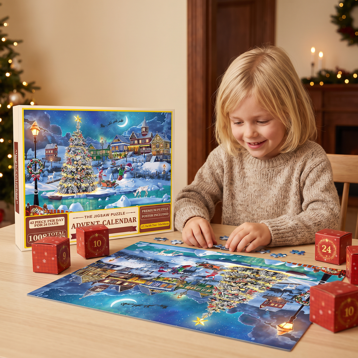 Julpussel Adventskalender med Julmotiv – 1008 Delar, 24-Dagars Nedräkning