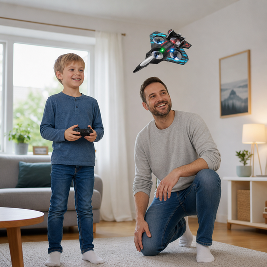 Tålig RC-drönare i skum med stridsflygplansdesign för flygning inomhus och utomhus – 360°-volter och LED-lampor