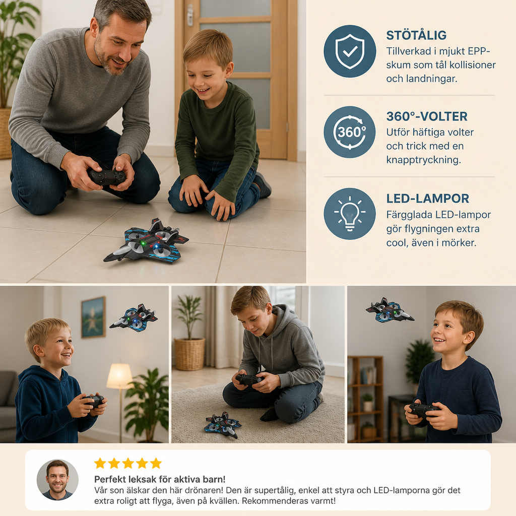 Tålig RC-drönare i skum med stridsflygplansdesign för flygning inomhus och utomhus – 360°-volter och LED-lampor