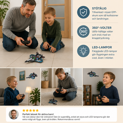 Tålig RC-drönare i skum med stridsflygplansdesign för flygning inomhus och utomhus – 360°-volter och LED-lampor