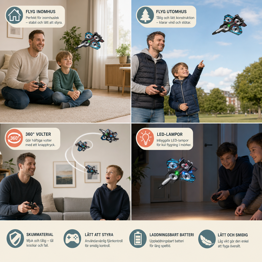 Tålig RC-drönare i skum med stridsflygplansdesign för flygning inomhus och utomhus – 360°-volter och LED-lampor
