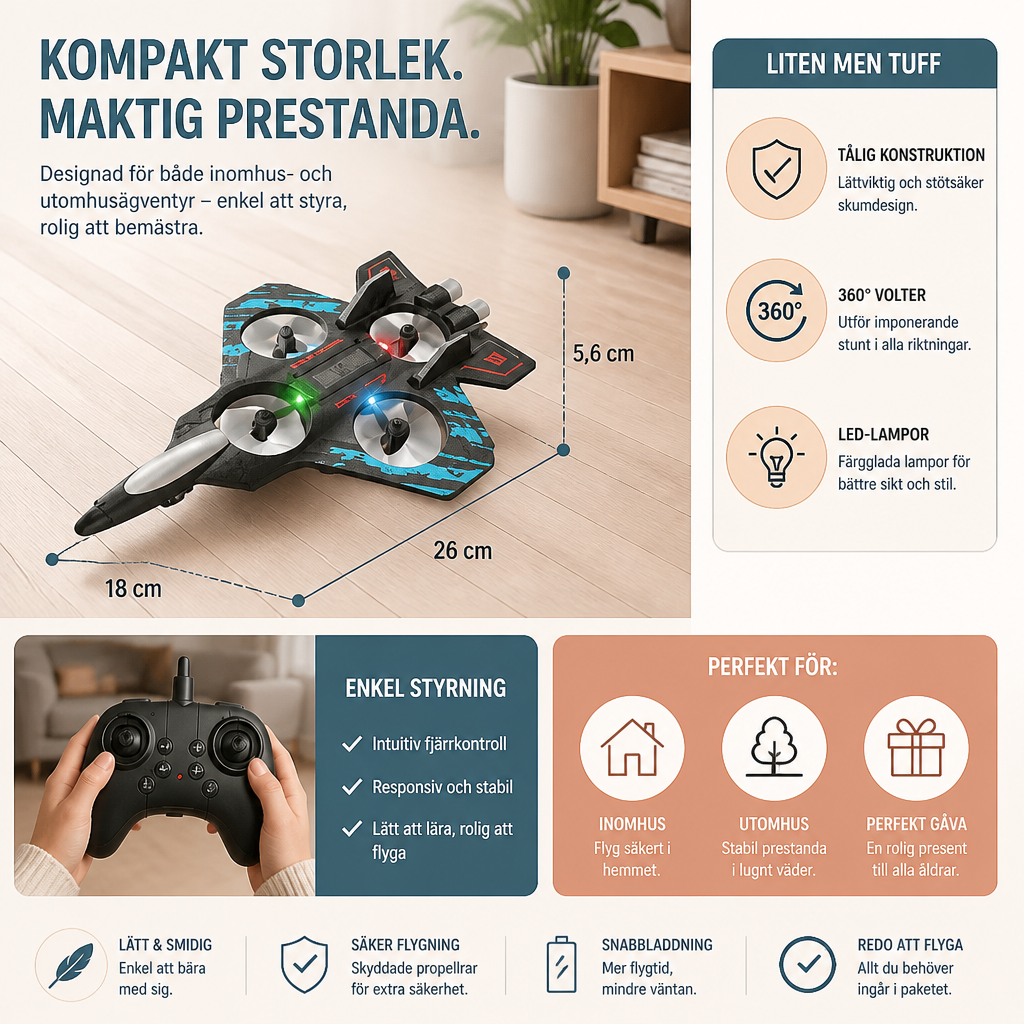 Tålig RC-drönare i skum med stridsflygplansdesign för flygning inomhus och utomhus – 360°-volter och LED-lampor