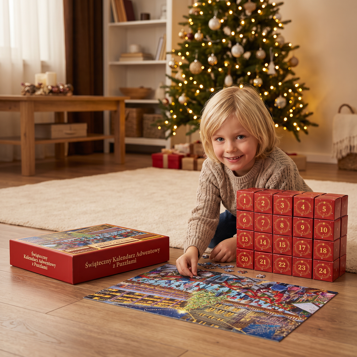 Julpussel Adventskalender med Julmotiv – 1008 Delar, 24-Dagars Nedräkning
