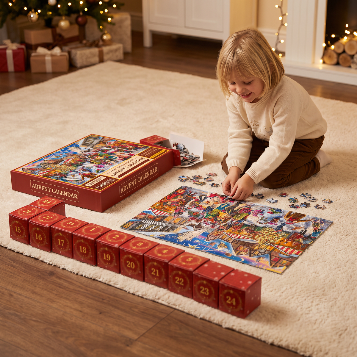 Julpussel Adventskalender med Julmotiv – 1008 Delar, 24-Dagars Nedräkning