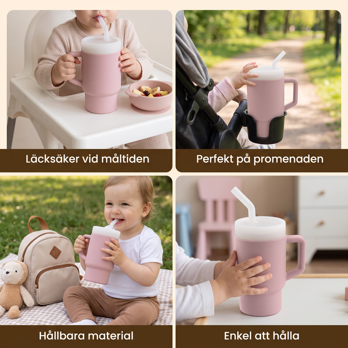 Läcksäker silikonmugg med sugrör för småbarn