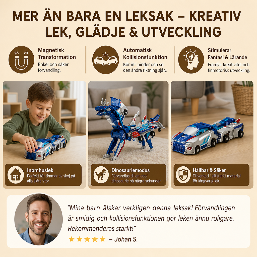 2-i-1 Magnetisk Förvandlingsbil & Dinosaurieleksak med Automatisk Kollisionsfunktion