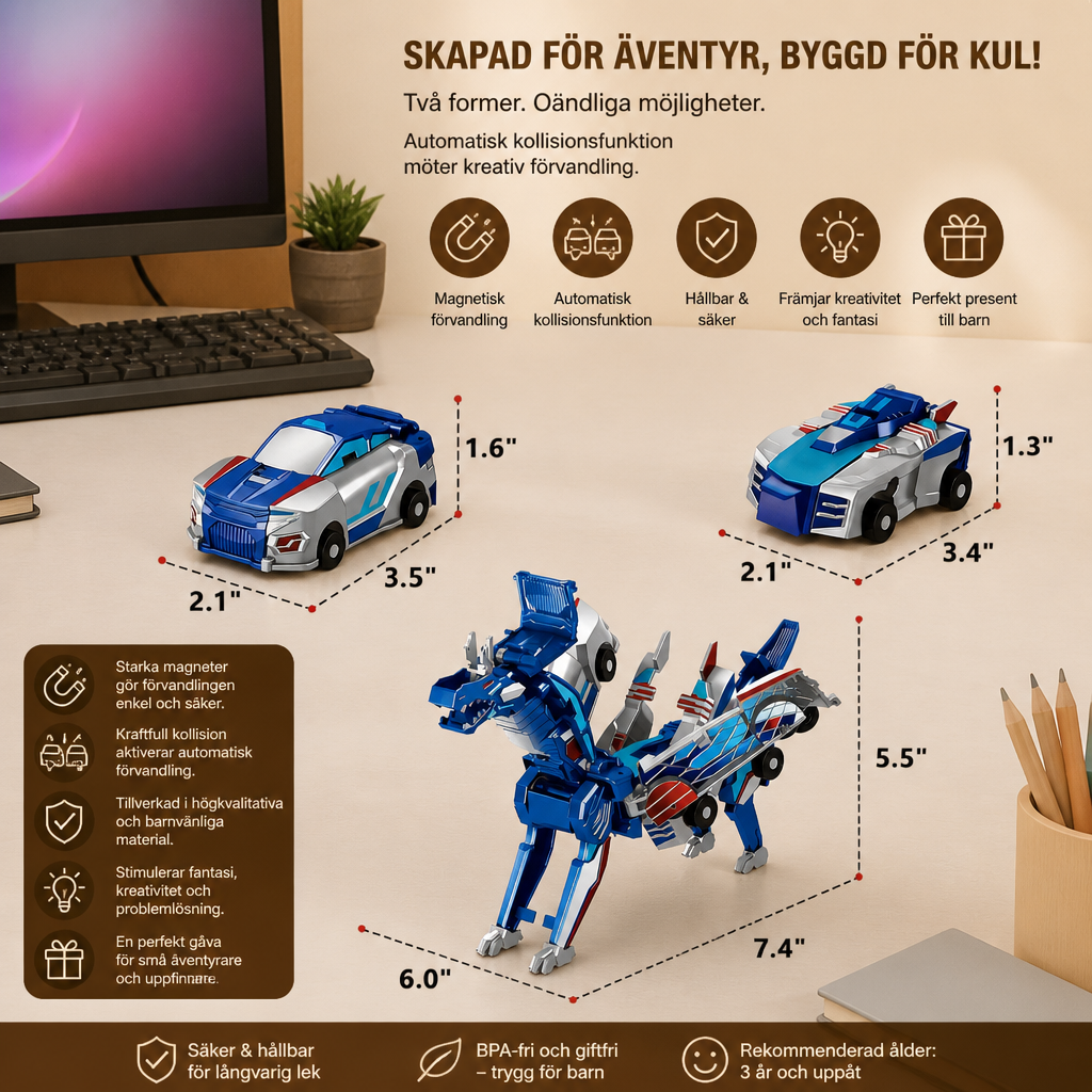 2-i-1 Magnetisk Förvandlingsbil & Dinosaurieleksak med Automatisk Kollisionsfunktion