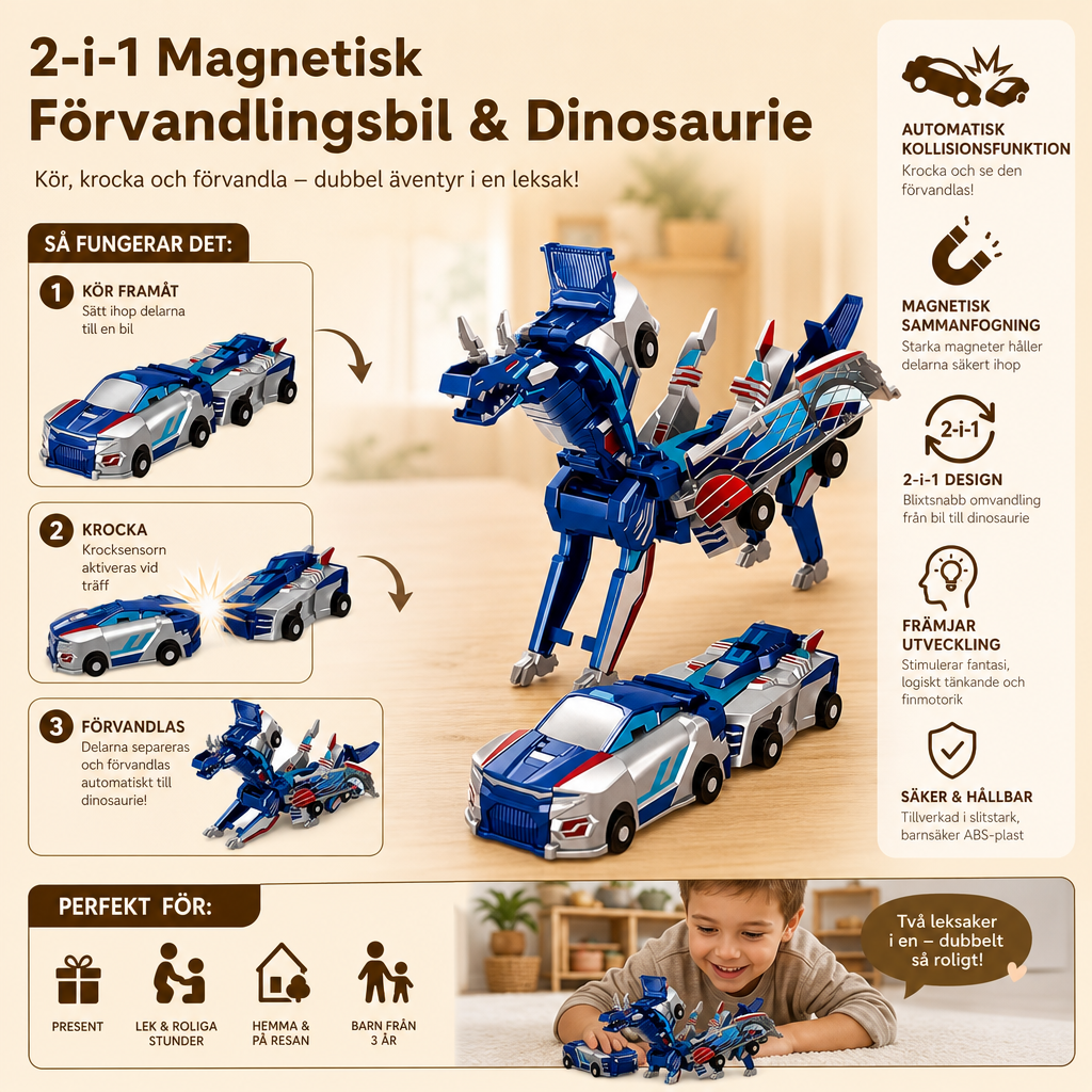 2-i-1 Magnetisk Förvandlingsbil & Dinosaurieleksak med Automatisk Kollisionsfunktion