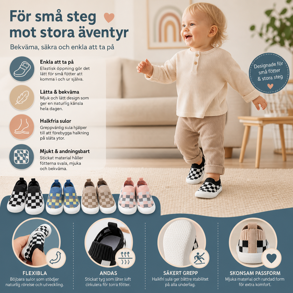 Rutiga Lätta Lära-Gå-Skor för Bebisar med Mjuka, Halkfria Sulor