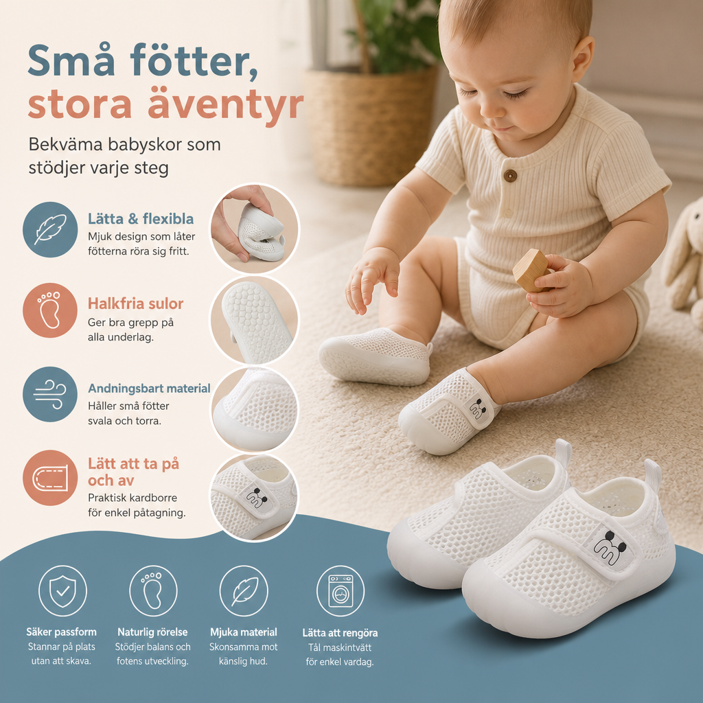 Bekväma babyskor med mjuka, halkfria sulor
