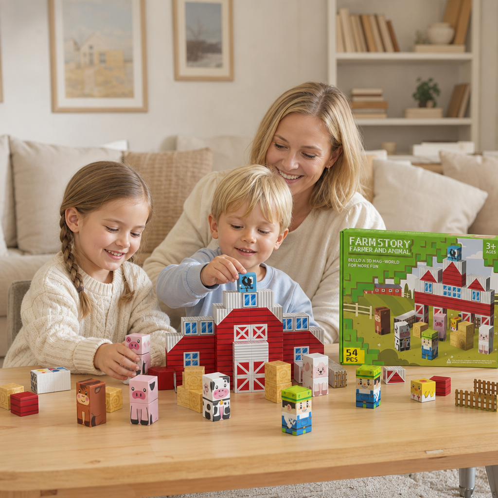 Magnetiskt Reseset med Byggklossar för Bondgård med Djur och Ladugård