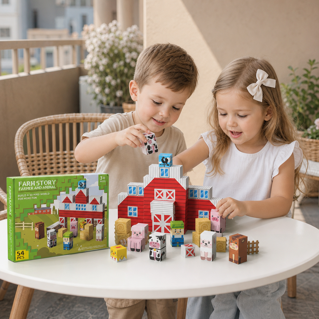 Magnetiskt Reseset med Byggklossar för Bondgård med Djur och Ladugård