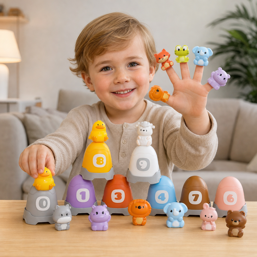 Montessori Fingerdukeset Med Mjuka Gummidjur Från Bondgården För Färgsortering Och Sifferinlärning