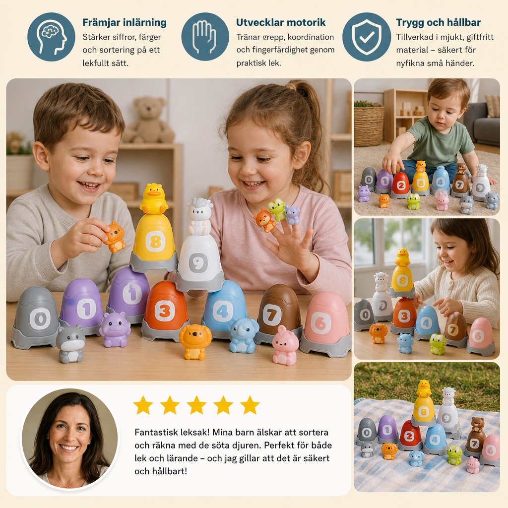 Montessori Fingerdukeset Med Mjuka Gummidjur Från Bondgården För Färgsortering Och Sifferinlärning