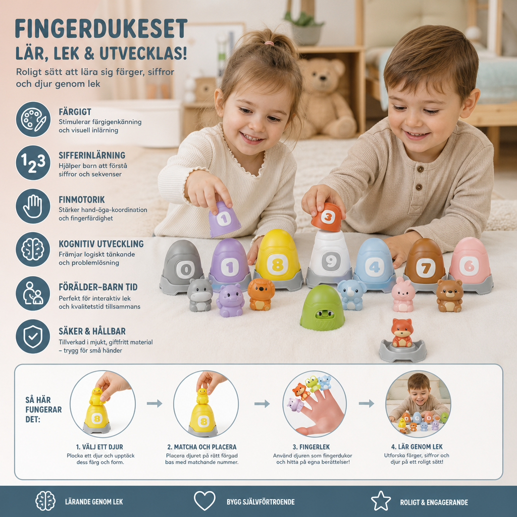 Montessori Fingerdukeset Med Mjuka Gummidjur Från Bondgården För Färgsortering Och Sifferinlärning