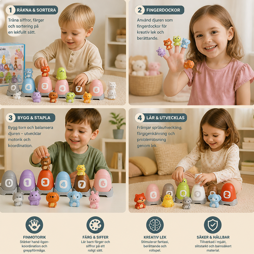 Montessori Fingerdukeset Med Mjuka Gummidjur Från Bondgården För Färgsortering Och Sifferinlärning
