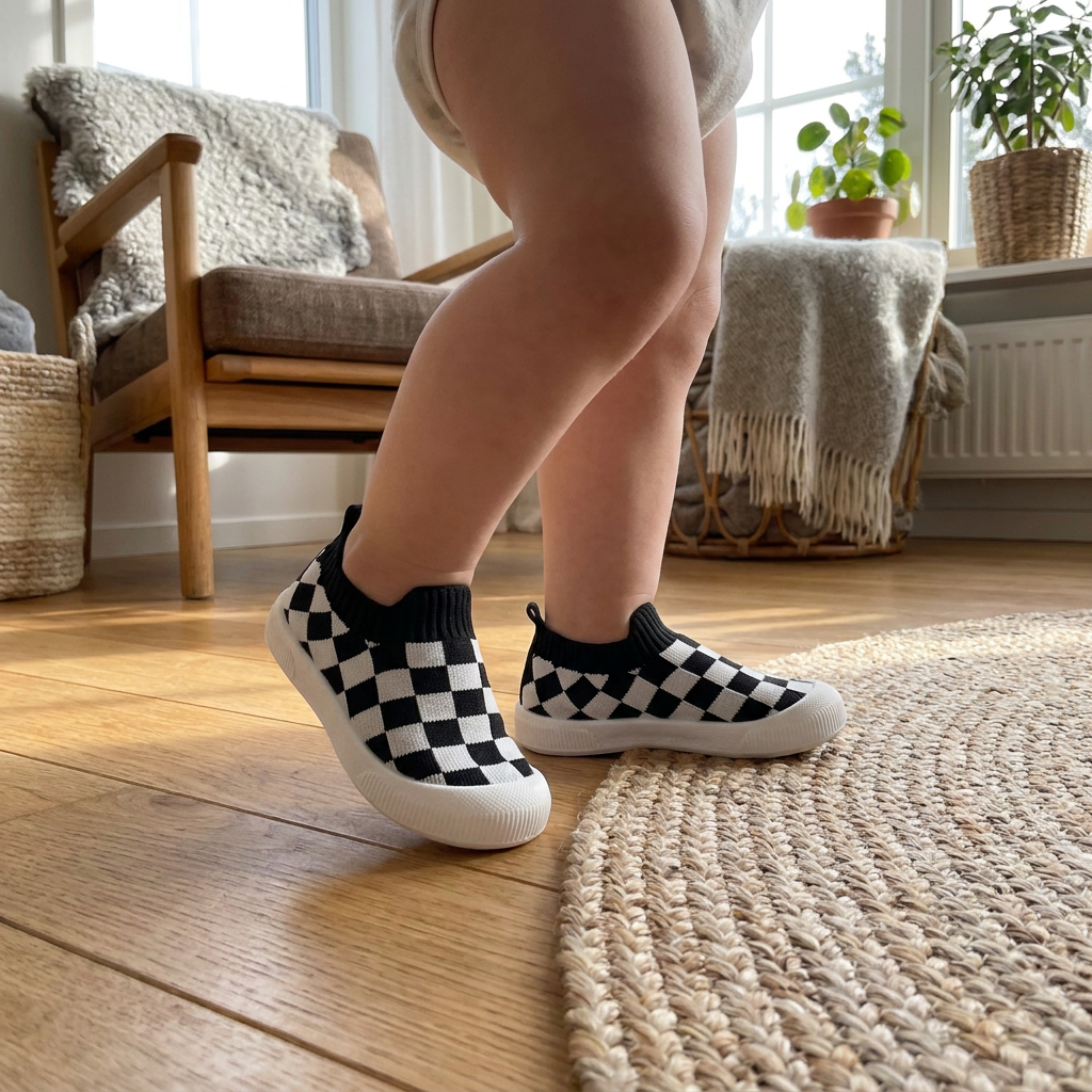 Rutiga Lätta Lära-Gå-Skor för Bebisar med Mjuka, Halkfria Sulor