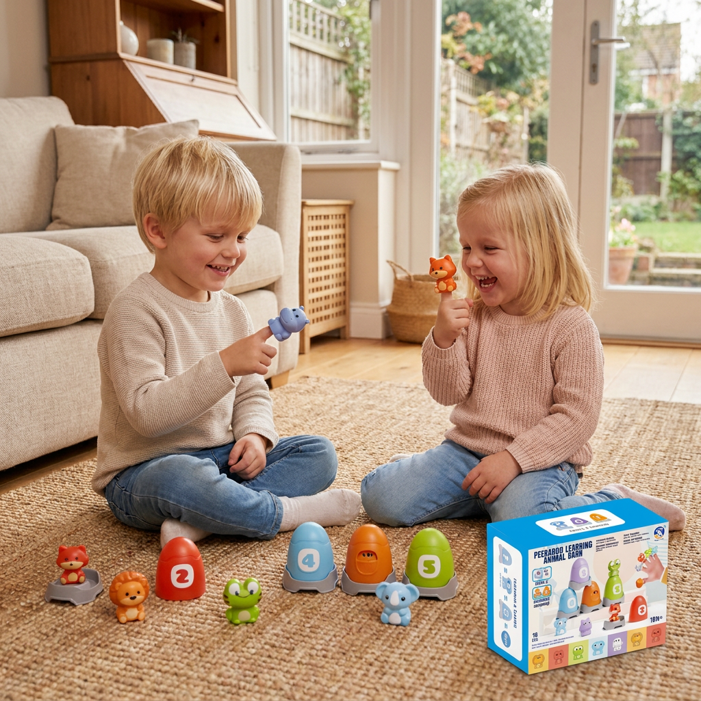 Montessori Fingerdukeset Med Mjuka Gummidjur Från Bondgården För Färgsortering Och Sifferinlärning