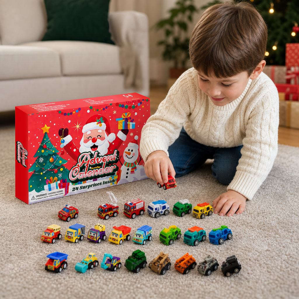 24-dagars adventskalender med tecknade leksaksbilar