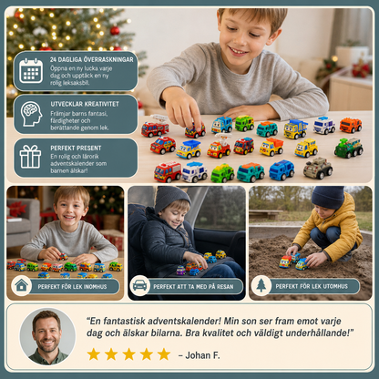 24-dagars adventskalender med tecknade leksaksbilar