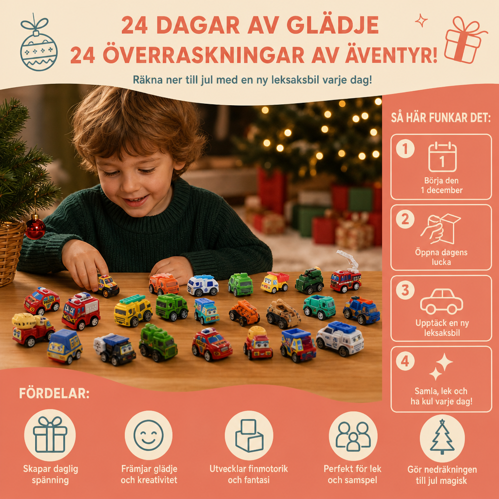 24-dagars adventskalender med tecknade leksaksbilar