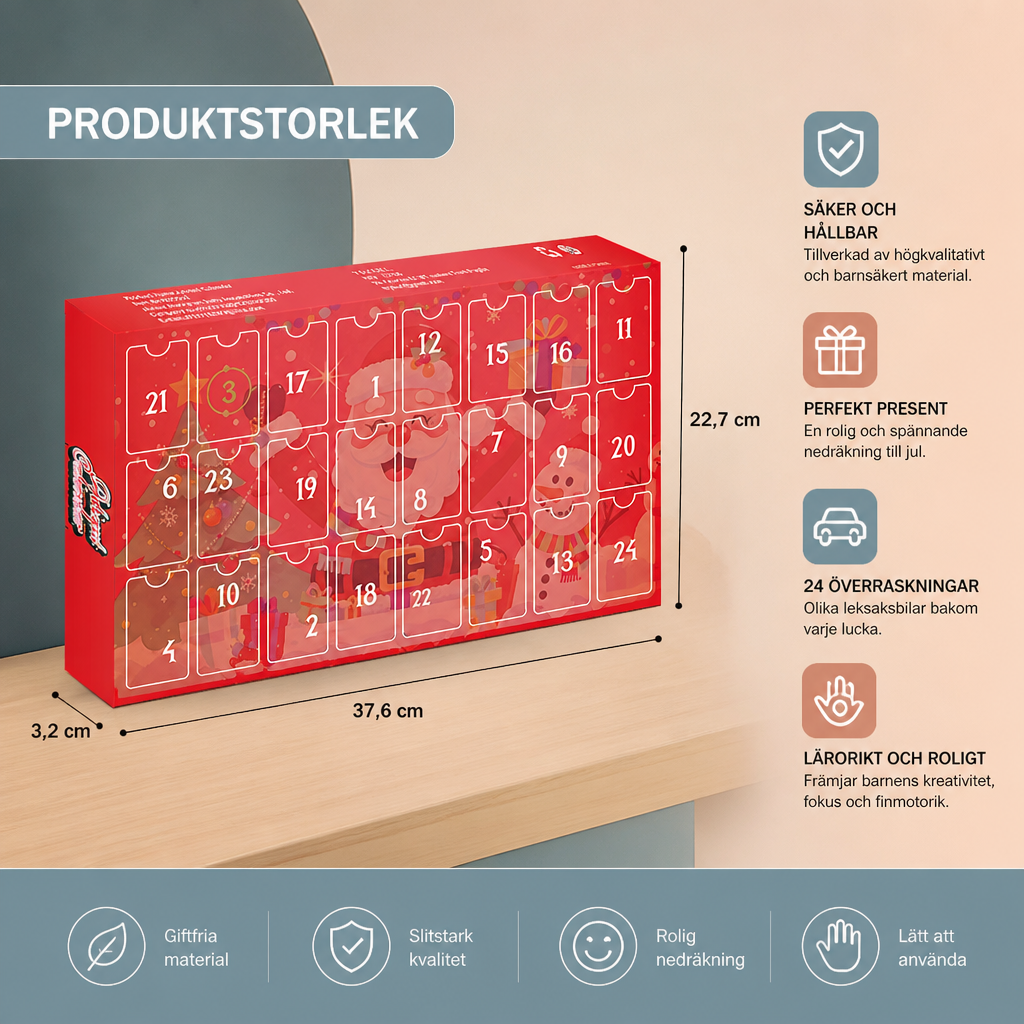 24-dagars adventskalender med tecknade leksaksbilar