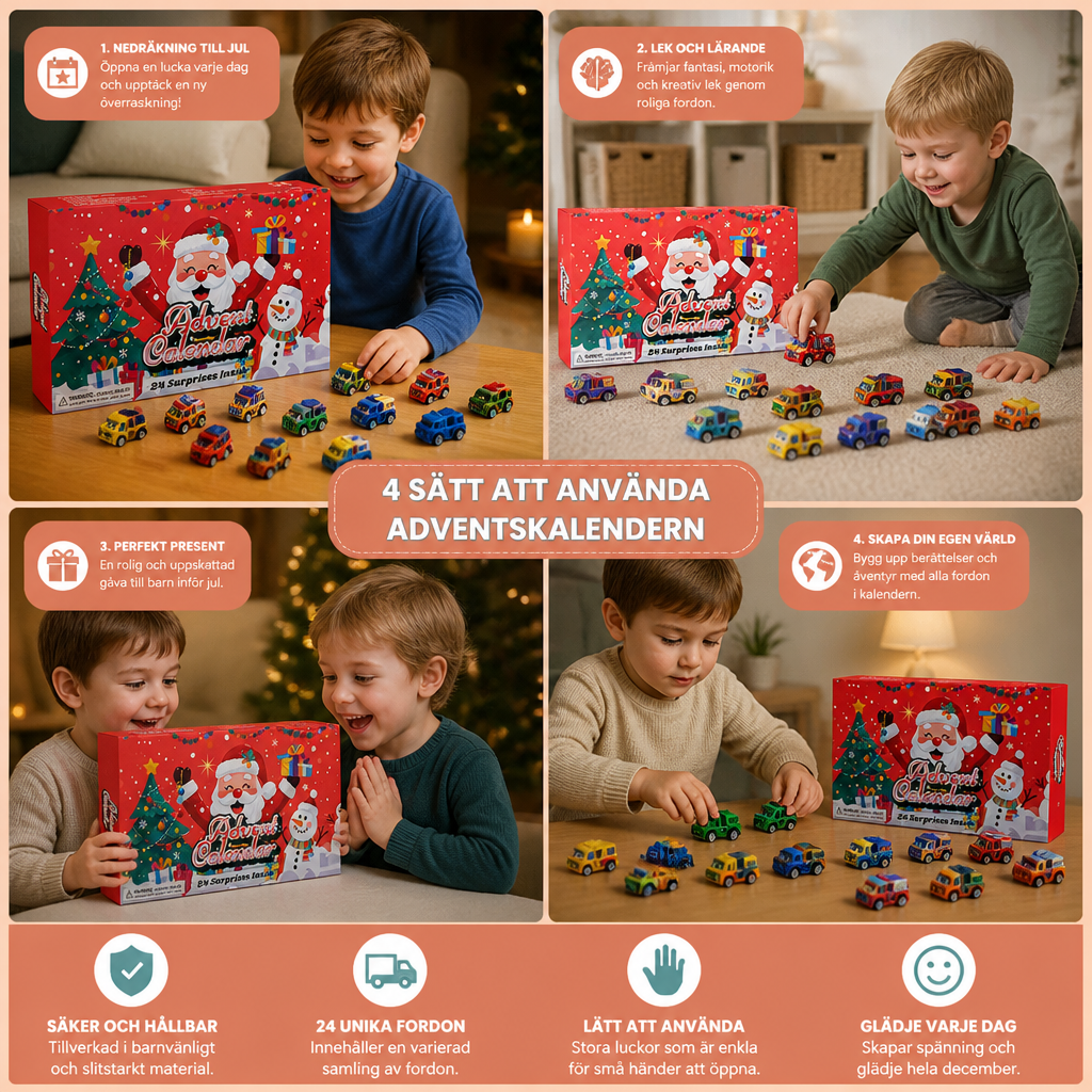 24-dagars adventskalender med tecknade leksaksbilar