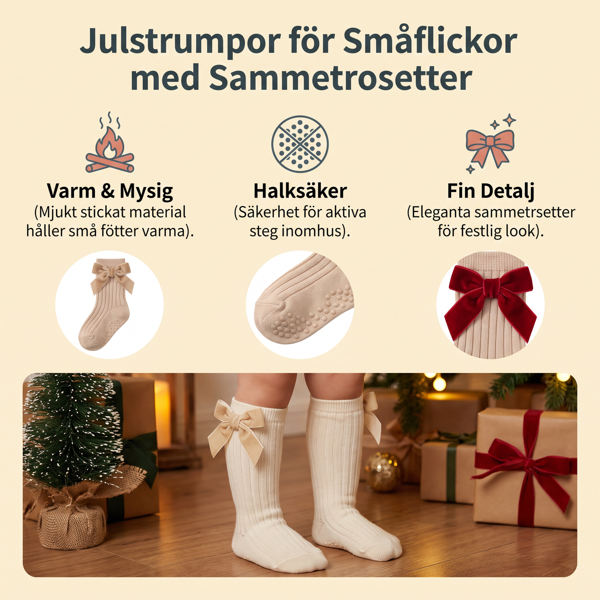 Julstrumpor för Småflickor med Sammetrosetter, Knähöga