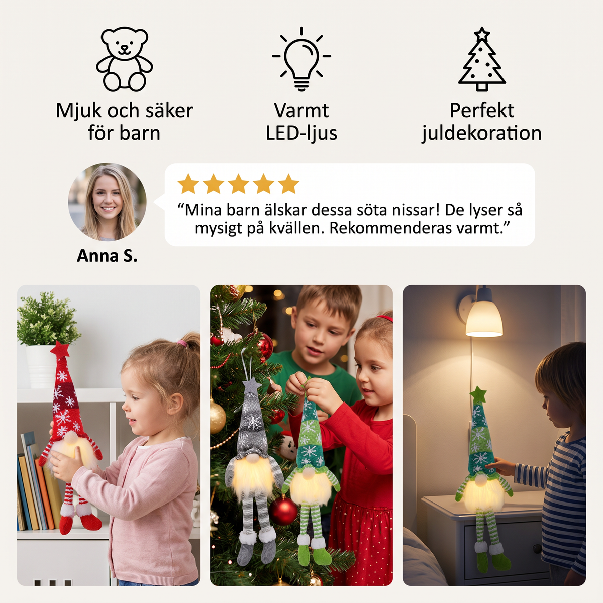 LED-belysta juldekorationer i form av tomtenissar