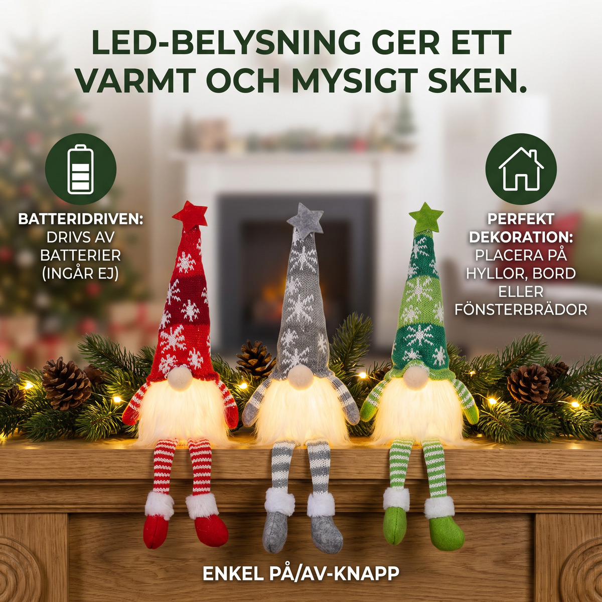 LED-belysta juldekorationer i form av tomtenissar