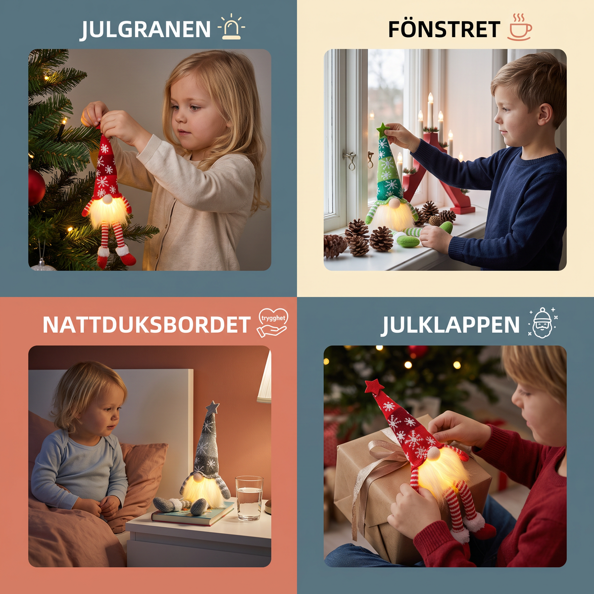 LED-belysta juldekorationer i form av tomtenissar