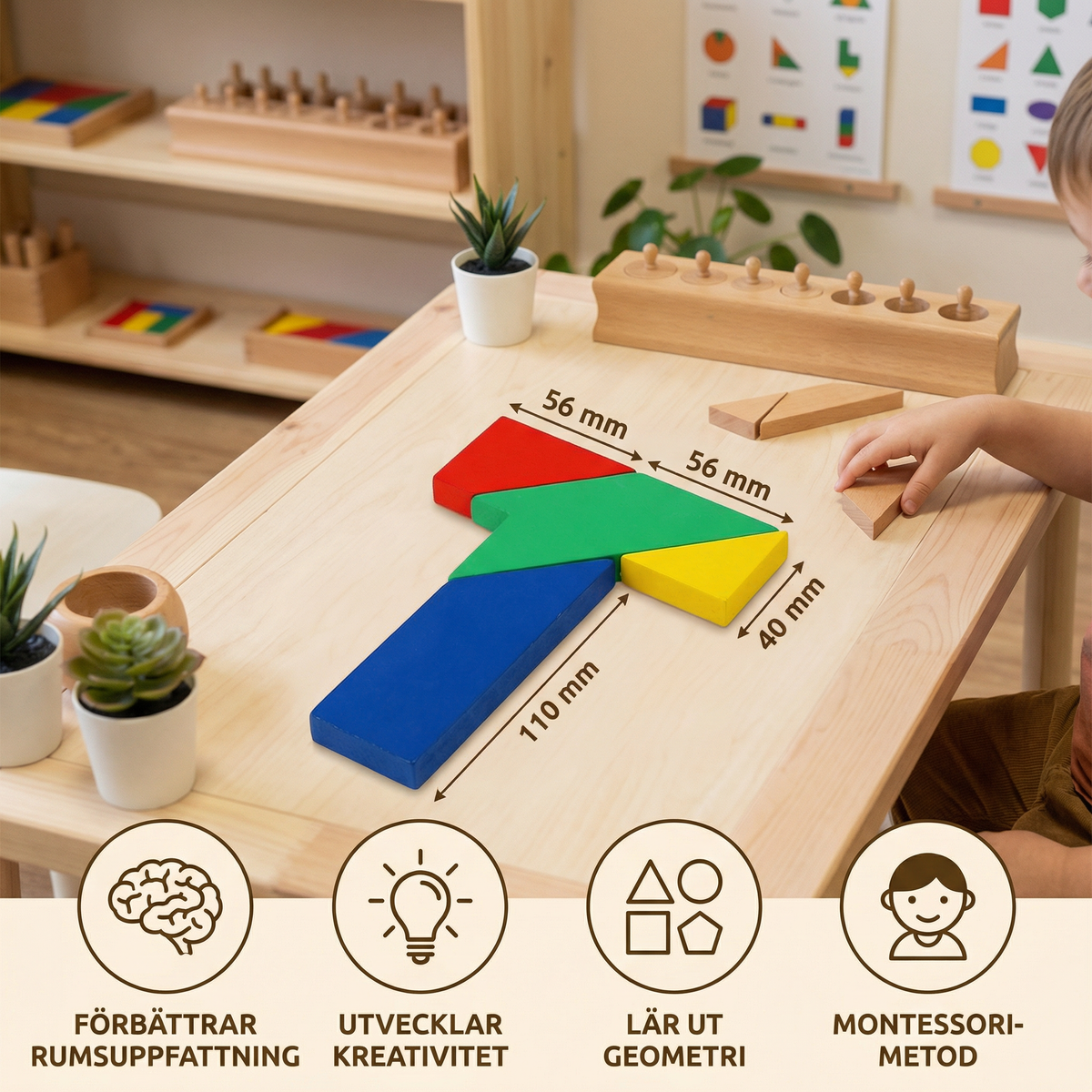 Trä-tangrampussel – Montessori geometriskt lärspel för barn