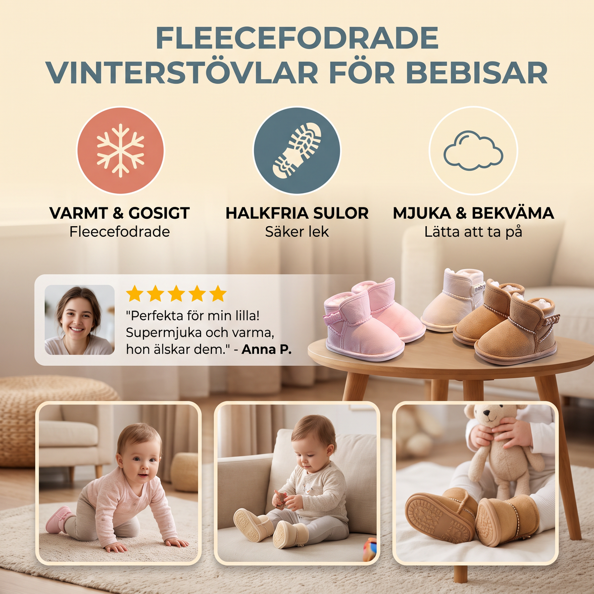 Fleecefodrade vinterstövlar för bebisar med mjuka, halkfria sulor