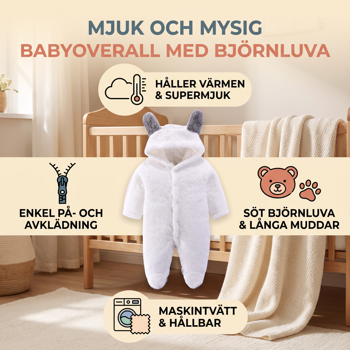 Mjukt och mysigt babyoverall med björnluva