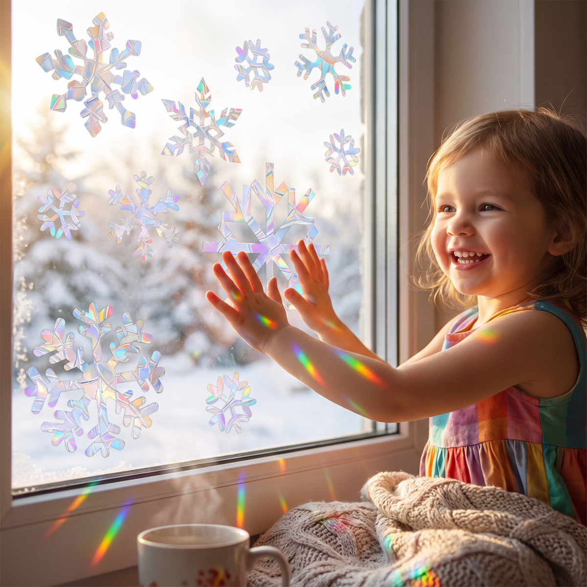 Återanvändbara Snöflinge-Fönsterdekaler med Regnbågsskimmer